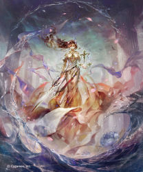  1girl aloma bad_id bad_pixiv_id breasts brown_hair cleavage column covered_mouth dress closed_eyes facing_viewer full_body highres holding holding_sword holding_weapon jewelry long_hair necklace official_art outdoors pillar shadowverse solo sword very_long_hair water watermark weapon weighing_scale white_dress 