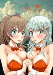  2girls absurdres admiral_(kancolle) aqua_eyes aqua_hair asymmetrical_docking blue_sky bow bowtie breast_press breasts brown_hair cleavage cloud detached_collar hair_ornament hairclip highres holding_hands jewelry kantai_collection kumano_(kancolle) large_breasts leotard multiple_girls mushi_mushi_ex non-human_admiral_(kancolle) orange_bow orange_bowtie orange_leotard ring saliva saliva_trail sky strapless strapless_leotard suzuya_(kancolle) tongue tongue_out upper_body wedding_ring wrist_cuffs 