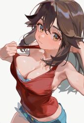  1girl :3 absurdres ai-generated armpits bad_tag bare_shoulders blue_shorts blush bow bra bra_peek breasts brown_eyes brown_hair cleavage closed_mouth clothes_pull collarbone cowboy_shot creatures_(company) cutoffs denim denim_shorts female_focus game_freak gb_5 green_(pokemon) hair_between_eyes highres large_breasts leaf_(pokemon) long_hair looking_at_viewer medium_breasts navel nintendo pokemon ponytail protagonist_(pokemon) pulled_by_self shirt shirt_pull short_shorts shorts sidelocks simple_background sleeveless sleeveless_shirt smile solo sweat tank_top underwear white_background white_bra yellow_eyes  rating:Sensitive score:10 user:nightsever