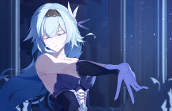  1girl absurdres alternate_costume alternate_hairstyle bare_shoulders black_hairband blue_dress blue_gloves blue_hair breasts closed_eyes closed_mouth cross-laced_clothes cross-laced_dress dress elbow_gloves eula_(genshin_impact) facing_to_the_side from_side genshin_impact gloves hair_between_eyes hair_ornament hairband highres jewelry large_breasts light_particles lipstick long_hair makeup night night_sky outstretched_arm pillar sidelocks sky sleeveless sleeveless_dress solo upper_body via_shinan 