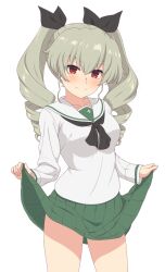  1girl absurdres ada_badguy alternate_costume anchovy_(girls_und_panzer) black_neckerchief black_ribbon blouse blush bow breasts closed_mouth clothes_lift cowboy_shot drill_hair girls_und_panzer green_hair green_skirt hair_bow hair_ribbon highres lifted_by_self long_hair long_sleeves looking_at_viewer medium_breasts miniskirt neckerchief ooarai_school_uniform pleated_skirt red_eyes ribbon sailor_collar school_uniform serafuku shirt simple_background skirt skirt_lift smile solo standing twin_drills twintails white_background white_sailor_collar white_shirt 