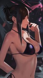  1girl alternate_costume arm_behind_back bikini black_bikini black_hair blurry blurry_background breasts commentary english_commentary final_fantasy final_fantasy_vii final_fantasy_vii_rebirth final_fantasy_vii_remake from_side hand_up highres j@ck large_breasts looking_ahead navel night night_sky official_alternate_hairstyle outdoors palm_leaf sidelocks sky smile swimsuit tifa_lockhart 