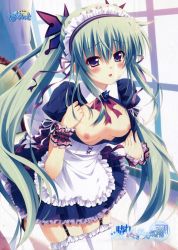  1girl absurdres blush breasts dress frilled_thighhighs frills garter_straps green_hair hare_tokidoki_otenkiame highres huge_filesize kusukusu maid maid_headdress nipples no_bra open_clothes open_dress purple_eyes thighhighs twintails white_thighhighs yamagami_ayane 