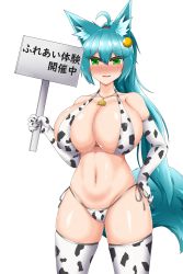  1girl animal_ear_fluff animal_ears animal_print aqua_hair blush breasts cow_girl cow_print fox_ears fox_tail green_eyes highres huge_breasts like_man3 open_mouth original sign simple_background smile solo tag tail translation_request  rating:Explicit score:9 user:xDevourerx