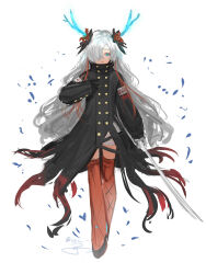  1girl adapted_costume antlers arm_at_side black_coat black_gloves blue_eyes boots buttons closed_mouth coat commentary_request double-breasted expressionless flower full_body gloves glowing_horns grey_hair hair_flower hair_ornament hair_over_one_eye hand_on_own_chest hand_up high_collar highres holding holding_sword holding_weapon horns isekai_joucho isshiki_(ffmania7) kamitsubaki_studio long_hair long_sleeves looking_at_viewer multicolored_hair one_eye_covered red_flower red_footwear red_hair short_shorts shorts signature simple_background solo streaked_hair sword thigh_boots virtual_youtuber weapon white_background white_shorts 