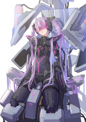  1girl :o absurdly_long_hair absurdres ahoge bodysuit breasts commentary commission duel_monster highres long_hair medium_breasts official_alternate_costume open_mouth piloting purple_hair restrained ringobatake short_shorts shorts skeb_commission skin_tight sky_striker_ace_-_roze solo twintails very_long_hair visor yu-gi-oh!  rating:Sensitive score:11 user:danbooru