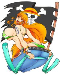  1girl absurdres ass ass_focus ass_press ass_support bikini blue_pants breast_press breasts clothes_pull curvy denim dragoontequila from_behind green_bikini highleg highleg_bikini highres holding holding_weapon huge_ass indoors jeans jolly_roger large_breasts legs_together log_pose long_hair looking_back nami_(one_piece) one_piece open_mouth orange_hair pants pants_pull shiny_skin solo striped_bikini striped_clothes swimsuit top-down_bottom-up very_long_hair weapon wide_hips 
