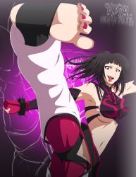  absurdres baggy_pants bouncing_breasts breasts feet hair_down han_juri highres kicking pants smile soles stiky_finkaz street_fighter tagme toeless_legwear tongue tongue_out  rating:Sensitive score:34 user:stiky-finkaz