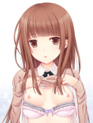  1girl amagami bra bra_pull breasts brown_eyes brown_hair clothes_lift clothes_pull highres kamizaki_risa long_hair long_sleeves looking_at_viewer n.g. nipples open_clothes open_mouth open_shirt pink_bra revision shirt shirt_lift small_breasts solo sweat sweater sweater_lift underwear upper_body  rating:Questionable score:82 user:danbooru