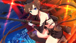  1girl black_hat black_jacket black_ribbon blue_eyes boots brown_footwear brown_hair closed_mouth floating_hair frown game_cg gloves green_eyes gun hair_ribbon hat heterochromia highres holding holding_gun holding_weapon jacket long_hair long_sleeves low_twintails mini_hat night on_one_knee outdoors purple_thighhighs ribbon ryoubi_(senran_kagura) senran_kagura senran_kagura_new_link sky solo star_(sky) starry_sky thigh_boots thighhighs torn_clothes torn_jacket twintails very_long_hair weapon white_gloves  rating:Sensitive score:15 user:danbooru