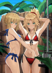  2girls armpits arms_up artoria_pendragon_(all) artoria_pendragon_(fate) ass bare_shoulders bikini blonde_hair blue_bikini blush braid breasts closed_mouth crown_braid fate/grand_order fate/stay_night fate_(series) green_eyes highres looking_at_viewer medium_hair mordred_(fate) mordred_(fate)_(all) mordred_(swimsuit_rider)_(fate) mordred_(swimsuit_rider)_(first_ascension)_(fate) mother_and_daughter multiple_girls navel official_alternate_costume ponytail presenting_armpit red_bikini saber_(fate) short_hair small_breasts stomach swimsuit thighs tonee 