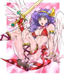  1girl ankle_lace-up armlet athena_(series) bikini breasts cleavage cross-laced_footwear gladiator_sandals hairband jewelry long_hair medium_breasts navel nishimura_kinu open_mouth princess_athena purple_hair red_bikini sandals shield simple_background snk solo swimsuit sword weapon 