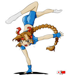  1girl artist_request ass braid braided_ponytail brown_eyes brown_hair handstand open_mouth smile snk socks solo spandex tagme the_king_of_fighters yuri_sakazaki  rating:Sensitive score:4 user:isolatedwarrior