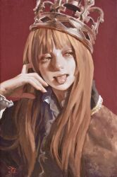  1girl :p brown_eyes brown_jacket commentary crown english_commentary hand_up highres imai_takahiro jacket long_hair long_sleeves looking_at_viewer looking_to_the_side oil_painting_(medium) orange_hair original painting_(medium) realistic red_background shirt signature solo tongue tongue_out traditional_media upper_body 