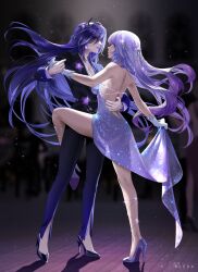  2girls acheron_(boundless_choreo)_(honkai:_star_rail) acheron_(honkai:_star_rail) backless_dress backless_outfit bare_back bare_shoulders black_footwear black_jacket black_pants black_swan_(boundless_choreo)_(honkai:_star_rail) black_swan_(honkai:_star_rail) breasts commentary dancing dress earrings gloves gradient_pants hair_ornament head_chain high_heels highres holding_hands honkai:_star_rail honkai_(series) jacket jewelry large_breasts looking_at_another m_alexa multiple_girls nail_polish official_alternate_costume pants parted_lips purple_dress purple_footwear purple_hair purple_nails purple_pants smile standing standing_on_one_leg thighs white_gloves yuri  rating:Sensitive score:8 user:danbooru