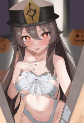  1girl absurdres bandages black_nails blush breasts commentary english_commentary genshin_impact halloween hand_on_own_chest hat higashiwun_izumi highres hu_tao_(genshin_impact) indoors mummy_costume open_door porkpie_hat pumpkin red_hair small_breasts smile star-shaped_pupils star_(symbol) sweat symbol-shaped_pupils twintails 