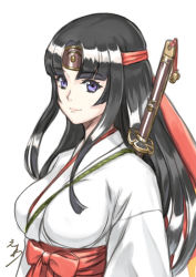  1girl black_hair blush breasts closed_mouth commentary_request covered_erect_nipples eiwa hakama hakama_skirt headband japanese_clothes katana large_breasts long_hair long_sleeves looking_at_viewer miko musha_miko_tomoe official_art purple_eyes queen&#039;s_blade red_hakama red_headband sidelocks signature skirt smile solo sword tomoe_(queen&#039;s_blade) upper_body very_long_hair weapon 