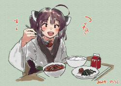  1girl :d ahoge blush brown_eyes brown_hair chair commentary_request dated food food_request fork green_background headgear holding holding_fork japanese_clothes kimono lamb_(hitsujiniku) long_sleeves looking_at_viewer on_chair open_mouth simple_background sitting smile solo table touhoku_kiritan translation_request twintails upper_body voiceroid white_kimono wide_sleeves 