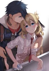  1boy 1girl agnes_claudel apron belt black_ribbon black_skirt blonde_hair blue_eyes blue_hair blue_jacket blush bra braid braided_bun collarbone collared_shirt couple dog_tags dress_shirt earrings eiyuu_densetsu folded_ponytail frilled_bra frills grabbing grabbing_another&#039;s_breast hair_bun hair_ribbon hakuleg hand_in_bra hetero highres holding_rag jacket jewelry kuro_no_kiseki lifting_another&#039;s_clothes light_smile long_hair looking_at_another necktie nipples one_breast_out partially_unbuttoned plaid plaid_necktie plaid_skirt profile rag red_necktie red_shirt ribbon shirt skirt sleeves_rolled_up smile striped_apron striped_clothes underwear van_arkride vertical-striped_apron vertical-striped_clothes very_long_hair white_apron white_bra white_ribbon white_shirt 