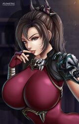  1girl absurdres bodysuit breasts brown_eyes brown_hair brown_lips flowerxl hair_ornament hand_on_mouth highres looking_at_viewer pink_bodysuit ponytail short_hair soul_calibur taki_(soulcalibur) upper_body video_game_character 