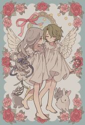  2boys aged_down bad_id bad_pixiv_id barefoot blue_background closed_eyes closed_mouth dress ensemble_stars! feathered_wings floral_background flower frilled_dress frills full_body green_hair grey_dress grey_hair hair_between_eyes highres holding holding_flower lily_of_the_valley long_hair long_sleeves male_focus meremero mirror multiple_boys pink_flower pink_rose rabbit ran_nagisa red_eyes red_flower red_rose rose short_hair smile standing star_(symbol) tomoe_hiyori white_wings wings 