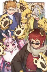  1girl 2022 3boys animal_ears animal_hands arm_up bans black_kimono blue_eyes blue_kimono blush border brown_hair brown_scarf chinese_zodiac closed_mouth commentary_request dice_earrings drop_earrings earrings extra_ears facial_scar fake_animal_ears frown fur-trimmed_kimono fur_trim gatchmanv glasses gloves gradient_hair grin hair_over_one_eye hand_on_own_hip hand_up hands_up haori highres indie_virtual_youtuber japanese_clothes jewelry kimono long_bangs long_sleeves looking_at_viewer looking_over_eyewear maasa multicolored_eyes multicolored_hair multiple_boys one_eye_covered open_mouth outside_border paw_gloves paw_pose pink_eyes pink_kimono print_kimono rabbit_ears red_eyes red_hair red_kimono scar scar_on_cheek scar_on_face scarf sharp_teeth short_hair smile streaked_hair sunglasses symbol-shaped_eyes teeth tenkai_tsukasa tiger_ears tomari_mari utai_meika v-shaped_eyebrows virtual_youtuber white_border wide_sleeves year_of_the_tiger yellow_eyes 