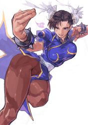 1girl absurdres blue_dress bracelet breasts brown_eyes brown_hair brown_pantyhose bun_cover capcom china_dress chinese_clothes chun-li commentary_request double_bun dress fighting_stance grin hair_bun highres jewelry large_breasts narrow_waist no_panties pantyhose pelvic_curtain puffy_short_sleeves puffy_sleeves pussy pussy_peek sash short_hair short_sleeves side_slit smile solo spiked_bracelet spikes street_fighter thick_thighs thighs uedrk_yamato unaligned_breasts upskirt rating:Explicit score:16 user:danbooru