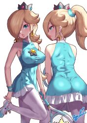  1girl aqua_dress aqua_eyes ass bare_shoulders blonde_hair breasts brooch covered_erect_nipples cowboy_shot crown dress earrings eyelashes from_behind hair_over_one_eye high_ponytail highres holding_tennis_racket jewelry large_breasts long_hair looking_at_viewer mario_(series) mario_tennis mario_tennis_aces mini_crown multiple_views nintendo pantyhose pink_lips rosalina short_dress simple_background sleeveless sleeveless_dress star_(symbol) star_brooch star_earrings toggy_keiichi white_background white_pantyhose 