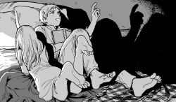  1boy 1girl abaraya aged_down barefoot book brother_and_sister dungeon_meshi falin_touden greyscale laios_touden long_hair lying monochrome on_back on_bed on_stomach pillow shadow short_hair siblings 