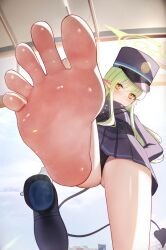  1girl absurdres barefoot blue_archive demon_tail feet green_hair hand_on_own_hip hat highres hikari_(blue_archive) light_blush long_hair looking_at_viewer panties pantyshot pointy_ears shoes single_shoe soles steam tail toes underwear unworn_shoes upskirt ursica yellow_eyes  rating:Questionable score:26 user:ssfl