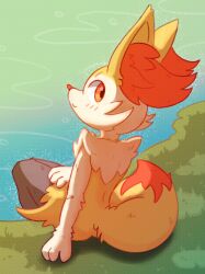 absurdres animal_ears blush braixen creatures_(company) fox_ears fox_tail furry game_freak gen_6_pokemon grass grey_fur highres looking_back nintendo orange_fur pokemon pokemon_(creature) se1tdraws sitting smile solo tail water white_fur yellow_fur