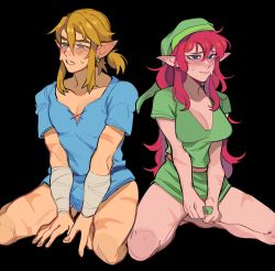  1boy 1girl absurdres blush breasts cleavage clenched_teeth covering_privates covering_crotch elf embarrassed gender_request genderswap green_tunic highres kneeling large_breasts link link_(shounen_captain) looking_away nintendo pointy_ears porqueloin red_hair simple_background sweat teeth the_legend_of_zelda the_legend_of_zelda:_breath_of_the_wild  rating:Questionable score:61 user:klaymay