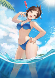  ! 1girl bare_arms bare_legs bare_shoulders bikini blue_bikini blue_sky breasts brown_eyes brown_hair cloud cloudy_sky commentary creatures_(company) day english_commentary feet_out_of_frame game_freak hair_ornament halterneck hand_on_own_hip hand_up head_tilt highres jetblaackk light_blush light_rays looking_at_viewer medium_breasts navel nintendo ocean open_mouth outdoors palm_tree parted_bangs pokemon pokemon_hgss short_hair simple_bird sky smile solo standing stomach sunbeam sunlight swimmer_(pokemon) swimsuit teeth tree upper_teeth_only wading water wet 