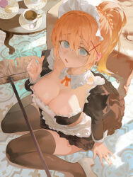  1girl absurdres black_dress black_thighhighs blonde_hair blue_eyes braid breasts carpet chestnut_mouth cleavage coffee_table cup curled_fingers darkness_(konosuba) darr1o detached_collar dress food frilled_dress frills from_above hair_ornament hairclip high_ponytail highres juliet_sleeves kono_subarashii_sekai_ni_shukufuku_wo! large_breasts light_blush long_sleeves macaron maid maid_headdress mop neck_ribbon plate puffy_sleeves ribbon sidelocks sitting solo table teacup thighhighs wariza white_footwear white_wrist_cuffs wrist_cuffs x_hair_ornament 