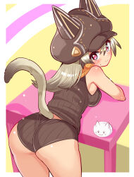  1girl animal_ear_headwear ass bare_shoulders black_hair blush breasts cat_tail cougar_(cougar1404) fake_animal_ears from_above from_behind gradient_hair hat huge_ass leaning leaning_forward light_brown_hair long_hair looking_at_viewer looking_back medium_breasts multicolored_hair original panties red_eyes shirt sideboob solo table tail tank_top underwear 