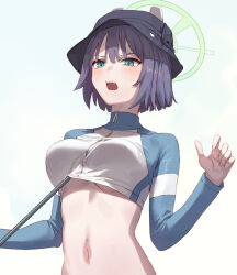  1girl absurdres aqua_eyes black_hat blue_archive blue_jacket blush breasts bucket_hat cropped_jacket grey_hair halo hat highres jacket large_breasts long_sleeves looking_at_viewer multicolored_clothes multicolored_jacket navel official_alternate_costume open_mouth rash_guard saki_(blue_archive) saki_(swimsuit)_(blue_archive) short_hair sidelocks solo stomach swimsuit tesin_(7aehyun) two-tone_jacket wet white_background white_jacket  rating:Sensitive score:20 user:danbooru