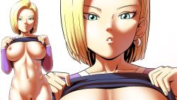  10s 1girl :o android_18 apostle blonde_hair blue_eyes bottomless breasts clothes_lift collarbone dragon_ball dragon_ball_super earrings female_pubic_hair highres hoop_earrings jewelry large_breasts long_sleeves looking_at_viewer navel nipples no_bra out-of-frame_censoring parted_lips pubic_hair purple_shirt shirt shirt_lift short_hair solo  rating:Questionable score:215 user:danbooru