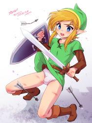 1boy arrow_(projectile) belt blonde_hair blue_eyes blush boots brown_footwear bulge eyebrows full_body green_hat hat highres holding holding_shield holding_sword holding_weapon injury link long_sleeves male_focus male_underwear nintendo open_mouth pointy_ears scrape shield shota sidelocks solo sweatdrop sword teeth the_legend_of_zelda the_legend_of_zelda:_a_link_to_the_past tunic underwear upper_teeth_only weapon wide-eyed yumepota rating:Questionable score:37 user:ImWastingMyLife
