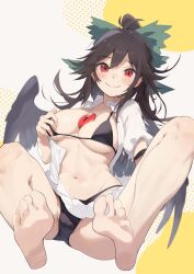  1girl absurdres ahoge barefoot bikini black_bikini black_hair black_wings breasts cleavage closed_mouth commentary_request highres large_breasts long_hair navel open_clothes open_shirt red_eyes reiuji_utsuho shirt smile solo swimsuit tetsurou_(fe+) third_eye touhou two-tone_background white_background white_shirt wings yellow_background 