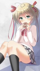  1girl black_thighhighs blonde_hair blue_eyes blush bow commentary doughnut eating food hair_ornament hair_ribbon highres kamikita_komari little_busters! little_busters!_school_uniform pink_bow plaid plaid_skirt ribbon school_uniform short_hair skirt solo star_(symbol) thighhighs twintails yoanium 