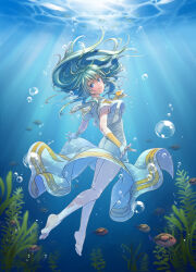  1girl alice_carroll aqua_hair aria_(manga) armpit_crease bare_legs barefoot blue_eyes bubble closed_mouth commentary_request dress eyelashes fingerless_gloves fish floating_hair full_body gloves hair_between_eyes highres kneepits koorogi_(kijinabe_to_kitsunedon) legs long_dress long_hair looking_at_viewer neckerchief orange_planet_uniform print_dress sailor_collar seaweed short_sleeves sidelocks smile soles solo submerged surgeonfish toes tropical_fish two-tone_gloves underwater white_dress white_gloves yellow_gloves yellow_neckerchief 