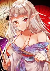  1girl amazakura bikini bikini_top_only breasts character_request facial_mark fang fang_out highres holding horns japanese_clothes kimono large_breasts long_hair long_sleeves looking_at_viewer nail_polish off_shoulder oil-paper_umbrella orange_eyes pointy_ears reflec_beat single_horn slit_pupils smile solo swimsuit translation_request umbrella white_hair 