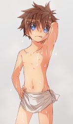  1boy armpits blue_eyes brown_hair looking_at_viewer male_focus nipples pectorals shota solo tagme tongue tongue_out topless_male towel wet wool_bl  rating:Sensitive score:62 user:Epox