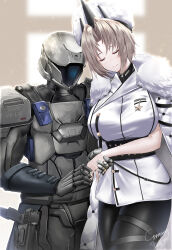  1boy 1girl absurdres alternate_costume armor azur_lane belt black_belt black_pantyhose breasts closed_mouth coat coat_on_shoulders commentary commission covered_face cowboy_shot crossover destiny_(game) dress english_commentary full_armor fur-trimmed_coat fur_hat fur_trim glint grey_hair gun handgun hat helm helmet highres holding_another&#039;s_wrist holster holstered irkawaza jewelry kronshtadt_(azur_lane) large_breasts long_hair pantyhose papakha parted_bangs ring sidelocks skindentation sleeveless sleeveless_dress smile standing thigh_strap titan_(destiny) weapon wedding_ring white_coat white_dress white_hat 