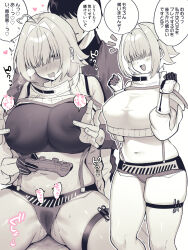  1boy 1girl ahoge amearare blush breasts breath cameltoe commentary controller covered_erect_nipples crop_top crop_top_overhang cropped_jacket curvy drooling elegg_(nikke) faceless faceless_male facing_viewer fang feet_out_of_frame game_controller gloves goddess_of_victory:_nikke greyscale hair_intakes hair_over_eyes hetero highres holding holding_controller holding_game_controller jacket large_breasts long_bangs micro_shorts midriff monochrome multiple_views navel nipple_stimulation nipple_tweak notice_lines open_mouth outline panties pussy_juice pussy_juice_stain saliva short_hair shorts simple_background sitting skindentation smile sound_effects speech_bubble standing suspender_shorts suspenders sweat thigh_strap translated trembling turtleneck turtleneck_jacket underwear wet wet_clothes wet_panties white_background white_outline 