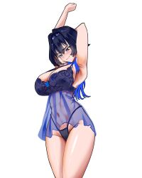  1girl absurdres arm_up blue_eyes blue_hair blush breasts commentary commission english_commentary highres hololive hololive_english koizumi_arata large_breasts navel nightgown ouro_kronii panties short_hair simple_background solo underwear virtual_youtuber white_background 