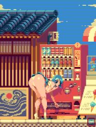  1girl architecture ass bent_over blue_hair cloud east_asian_architecture from_behind ice_cream_cone looking_back mykar original outdoors panties pixel_art scanlines short_hair solo underwear vending_machine 