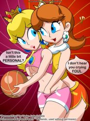2girls ass basketball blonde_hair blue_eyes grabbing_another&#039;s_breast breasts brown_hair crown earrings jewelry multiple_girls nintendo princess_daisy princess_peach pun super_mario_bros._1 rating:Questionable score:9 user:Travee