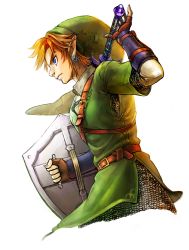  1boy armor belt blonde_hair blue_eyes butiboco chainmail earrings fingerless_gloves gloves green_headwear green_tunic highres jewelry link male_focus master_sword nintendo pointy_ears profile shield simple_background solo the_legend_of_zelda the_legend_of_zelda:_twilight_princess white_background 