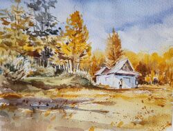  2others akemisuisai building cabin day forest grass highres hill multiple_others nature original painting_(medium) scenery shadow solo sunlight tall_grass traditional_media tree tree_shade watercolor_(medium) 